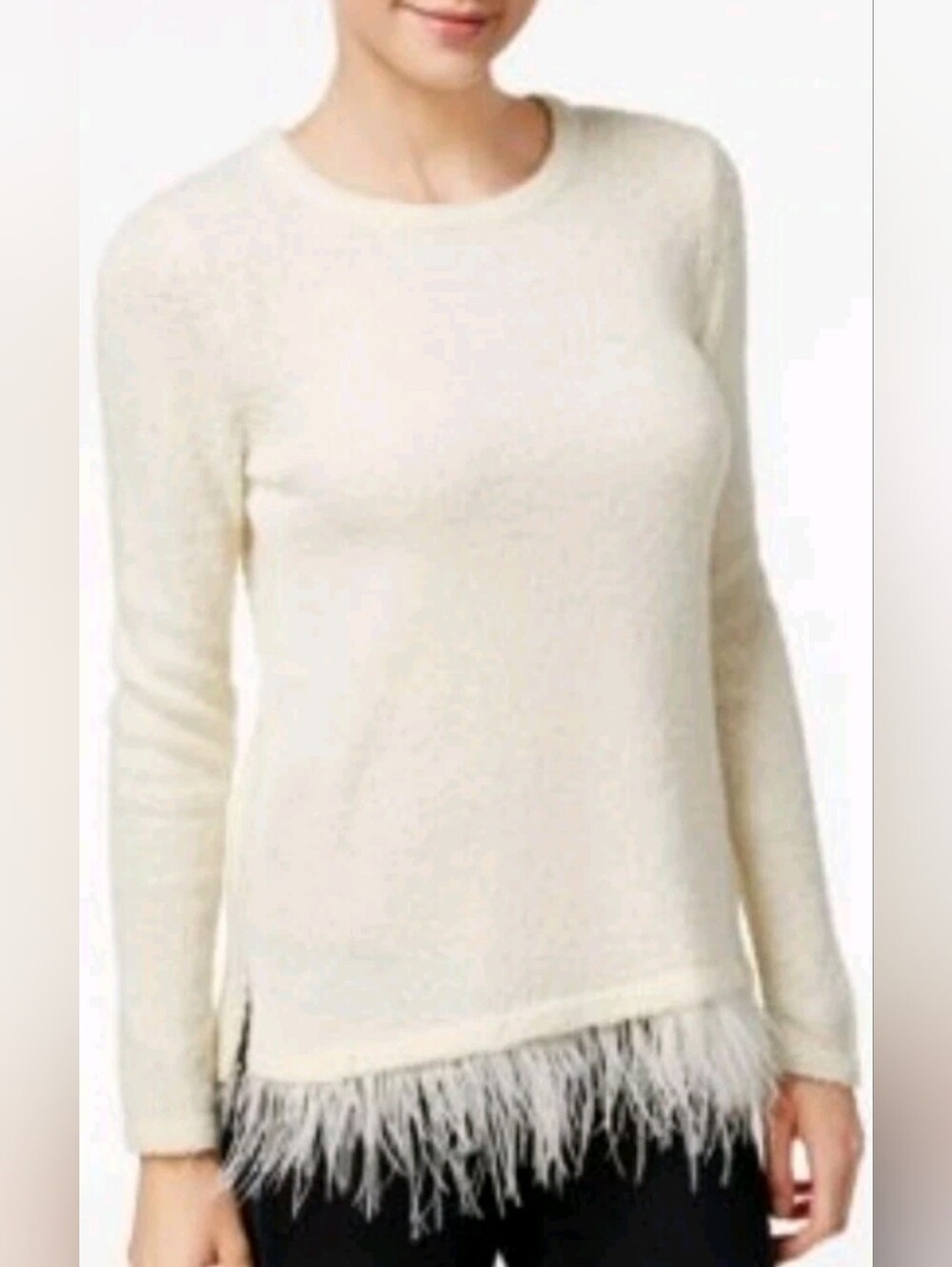 NWT Kensie Faux Feather Trim Knit Sweater White/ Cream XS